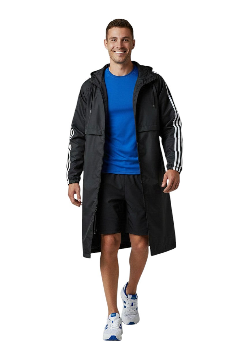 RISE Guard black nylon parka with fleece lining and white stripes on sleeves.