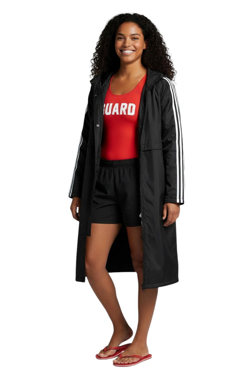 RISE Guard black nylon parka with white stripes on sleeves, fleece lined, and hood.