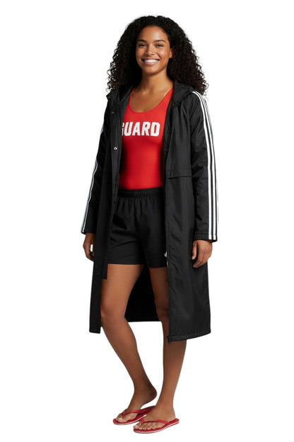 RISE Guard black nylon parka with white stripes on sleeves, fleece lined, and hood.