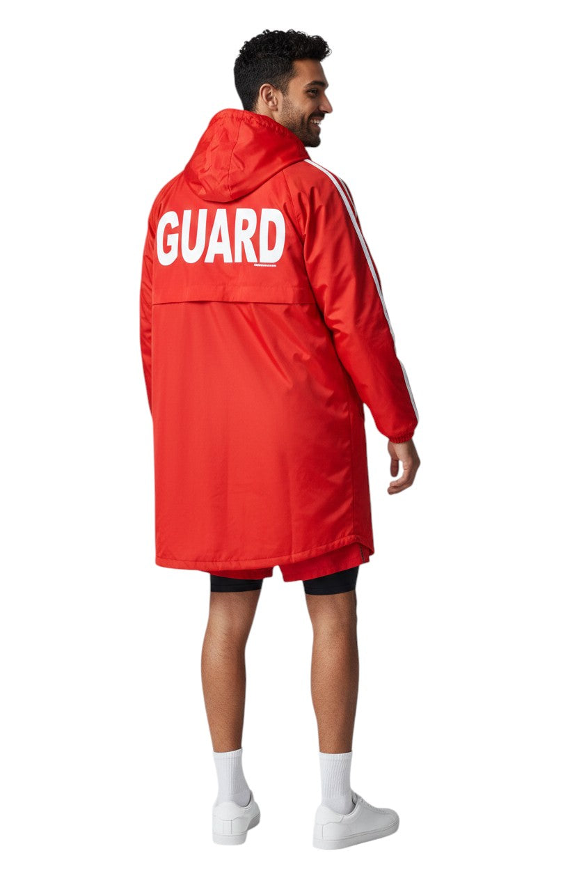 RISE Guard red nylon parka with fleece lining and white GUARD text on back.
