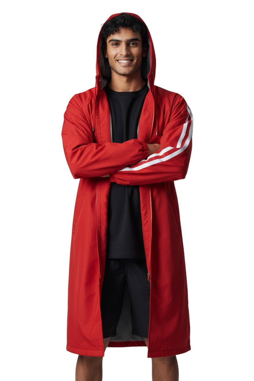 RISE Guard Splice Parka in red nylon with fleece lining and white stripes on sleeves.