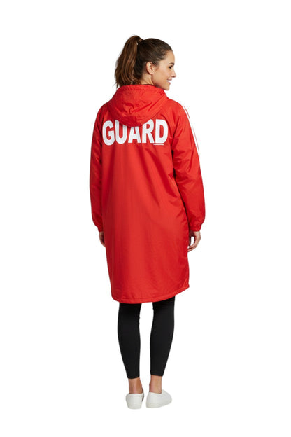 RISE Guard red nylon parka with white lettering and white stripes on sleeves. Water-resistant with fleece lining.