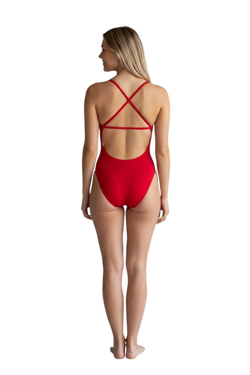 Kiefer RISE Guard Poly X-Back red swimsuit with X-back straps and high leg cut. Made of polyester and spandex.