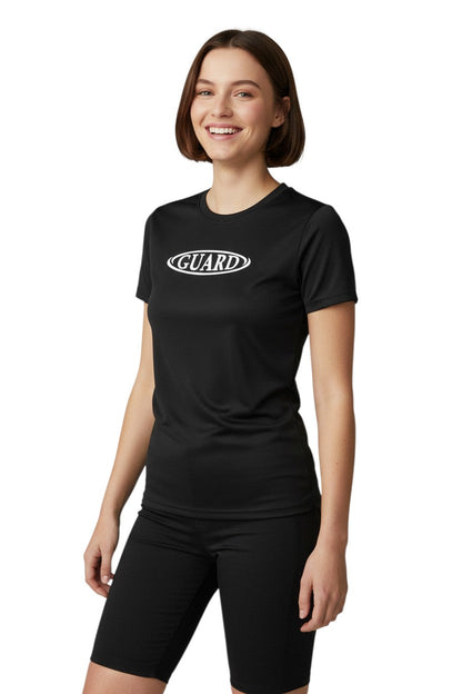 RISE Guard Short Sleeve Crew Neck Rashguard in black, shown on model