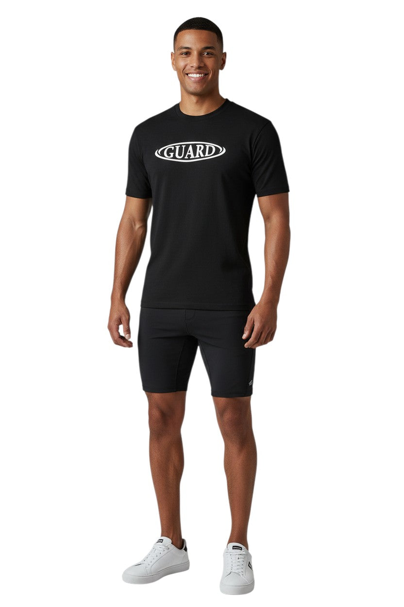 RISE Guard Short Sleeve Crew Neck Rashguard in black, shown on model
