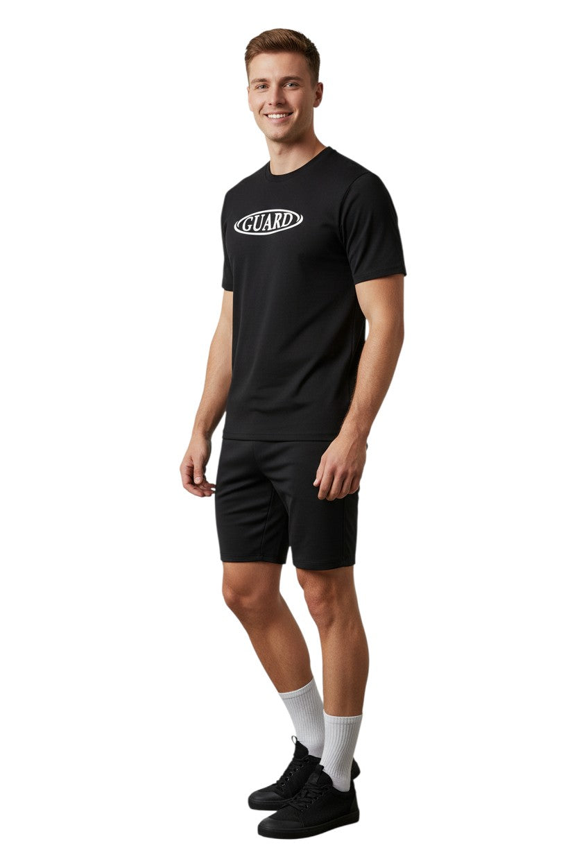 RISE Guard Short Sleeve Crew Neck Rashguard in black, shown on model