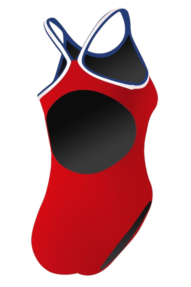 Kiefer RISE Guard red one piece swimsuit with tri-color trim and H-back design. Made of polyester and spandex.