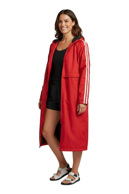 RISE Guard red nylon parka with white stripes on sleeves and fleece lining.