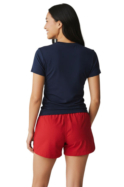 RISE Guard red polyester roll shorts with elastic waistband and drawstring. UPF30+ protection.