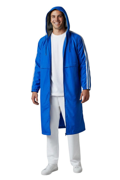 RISE Guard Splice Parka in royal blue nylon with fleece lining, white stripes on sleeves, and hood.