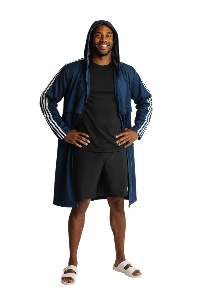 RISE Guard Splice Parka in navy blue nylon with fleece lining and white stripes on sleeves.