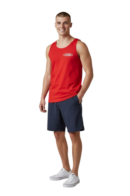 Kiefer RISE Guard Tank. Red 100% cotton jersey tank top with white oval GUARD logo on chest.