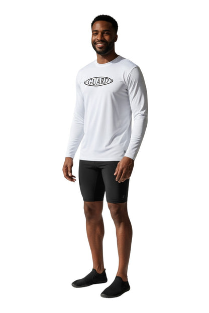 RISE Guard Long Sleeve Crew Neck Rashguard in white, shown on model