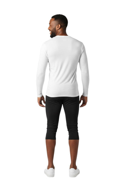 RISE Solid Long Sleeve Crew Neck Rashguard in white, shown on model