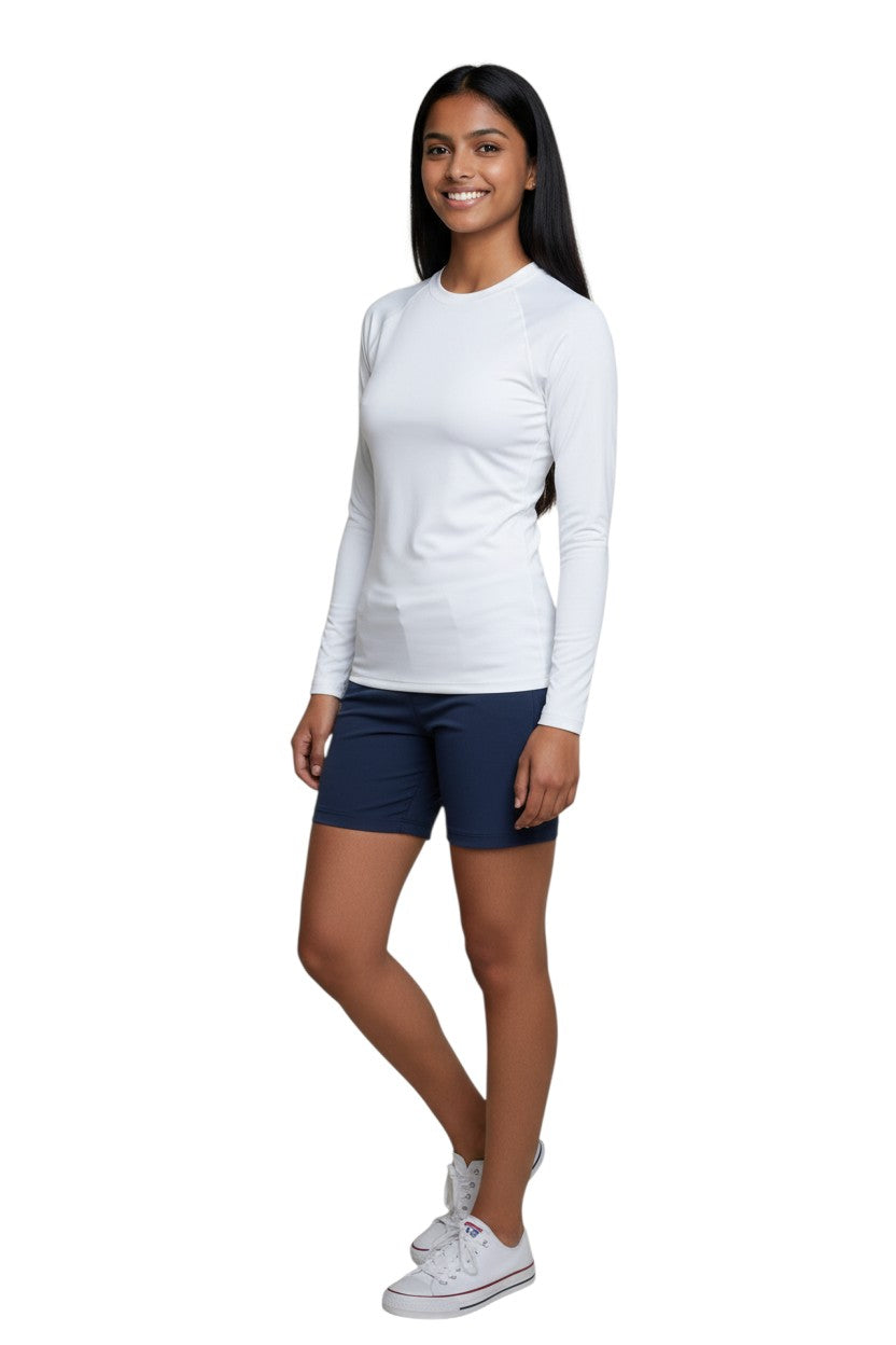 RISE Solid Long Sleeve Crew Neck Rashguard in white, shown on model