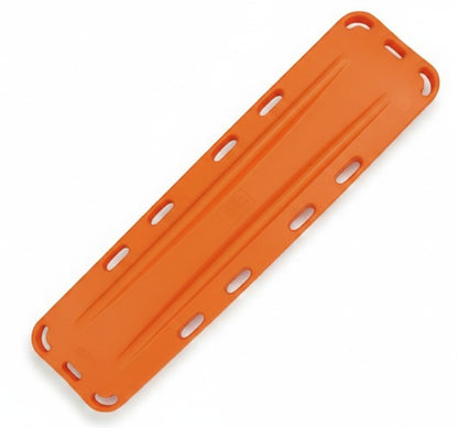 Kiefer RISE orange plastic backboard with black straps and blue head immobilizer. X-ray translucent.