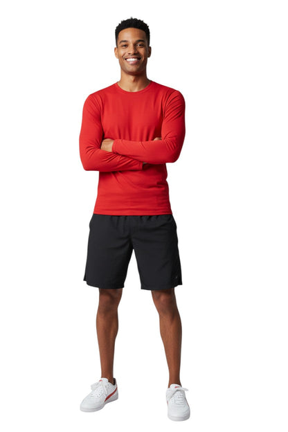 RISE Solid Long Sleeve Crew Neck Rashguard in red, shown on model