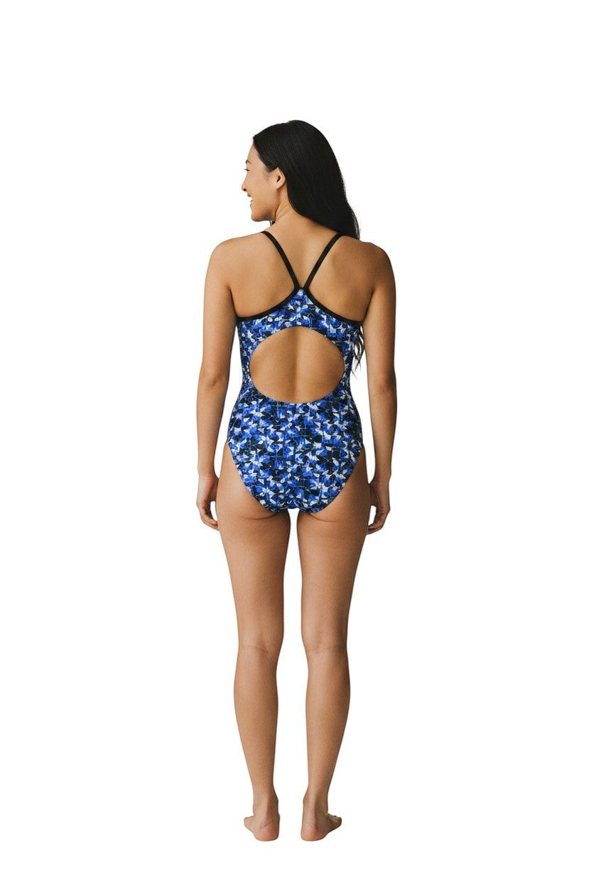 RISE Sandies Female Blueprint Poly Swimsuit in blue, shown on model