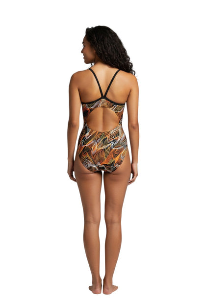 RISE Sandies Female Helix Poly Swimsuit in orange, shown on model