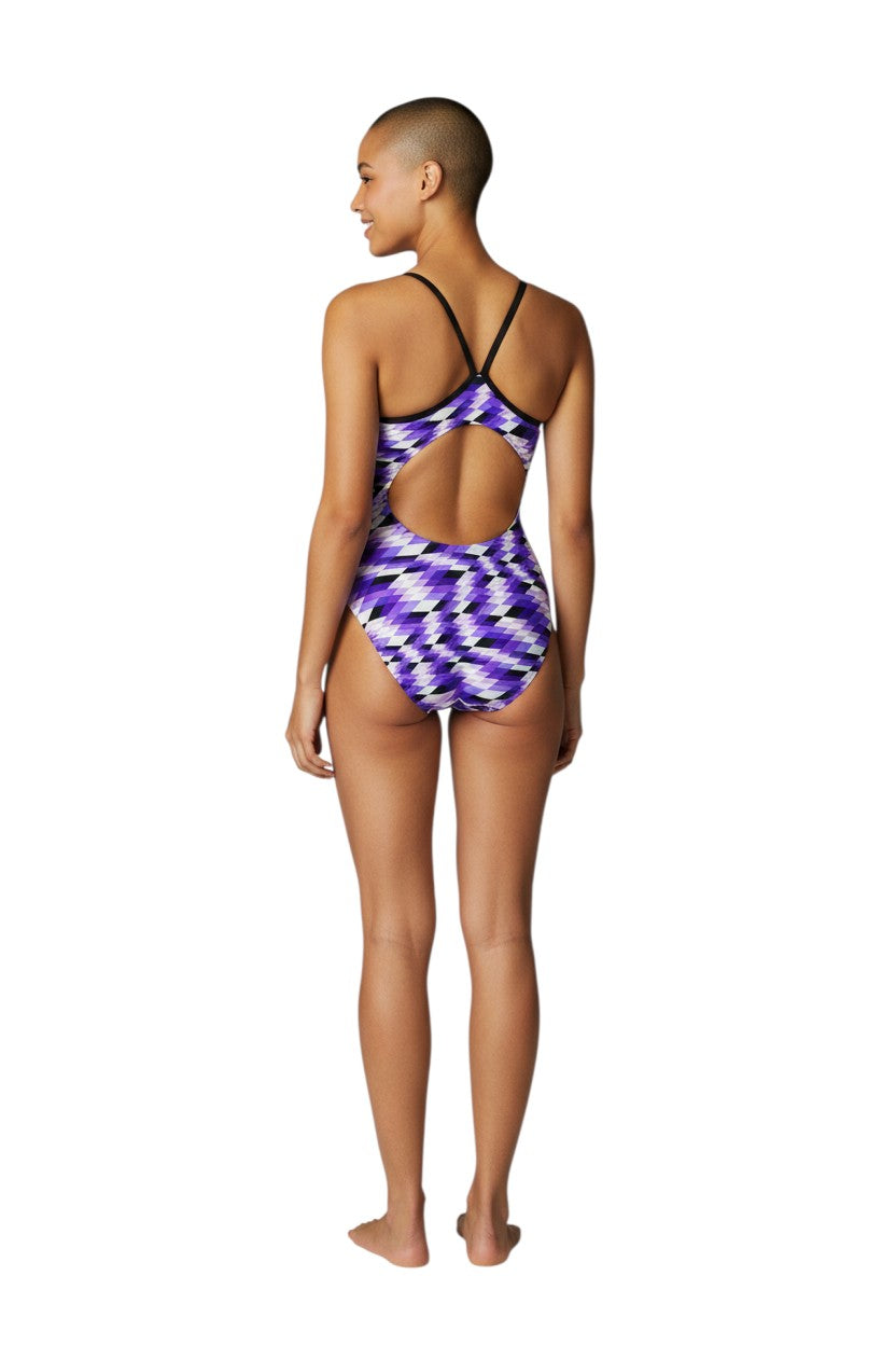 RISE Sandies Female Swerve Poly Swimsuit in purple, shown on model