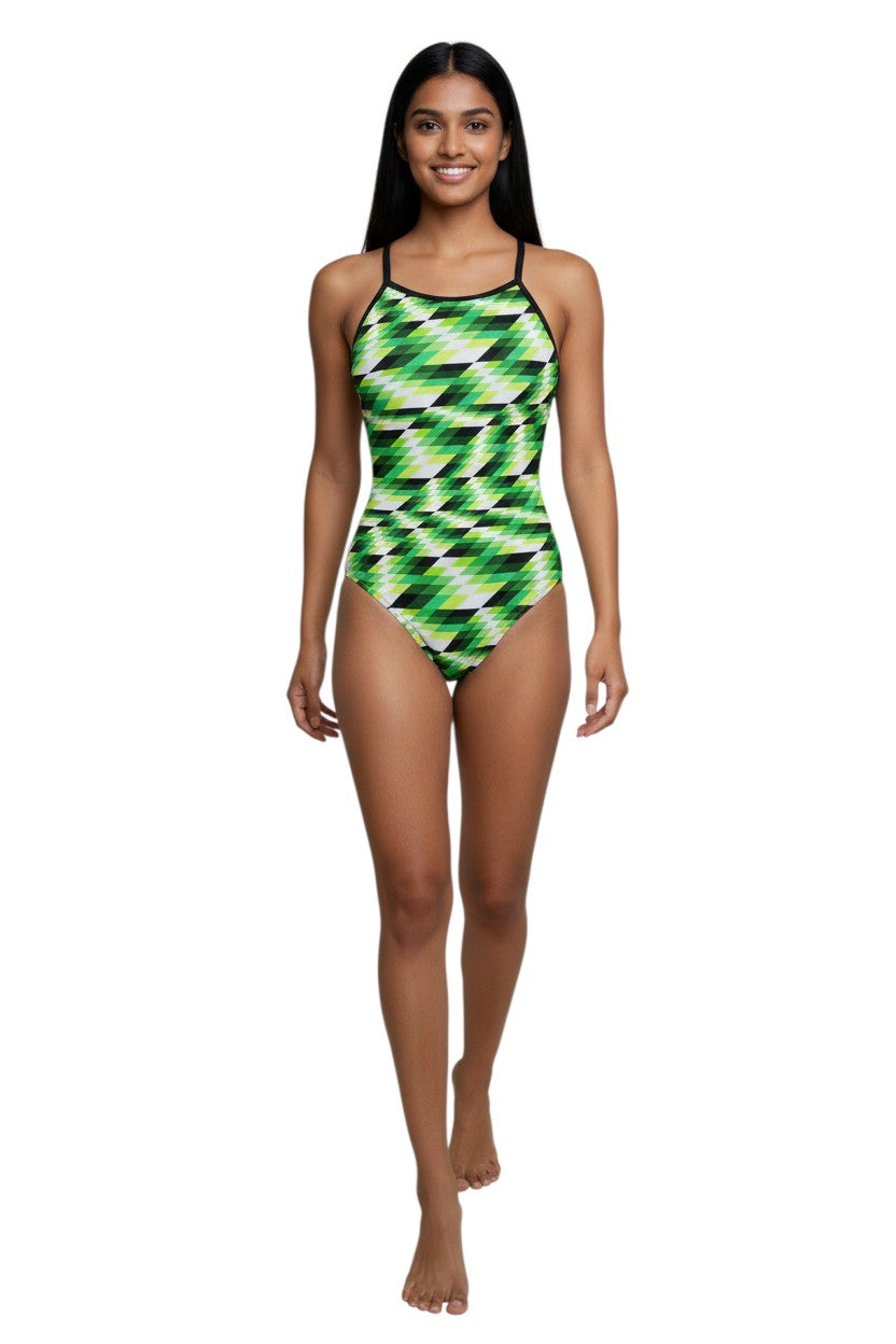 RISE Sandies Female Swerve Poly Swimsuit in green, shown on model