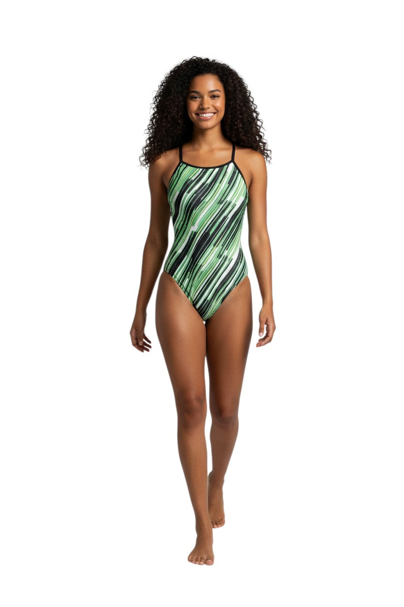 RISE Sandies Female Laser Beam Poly Swimsuit in green, shown on model