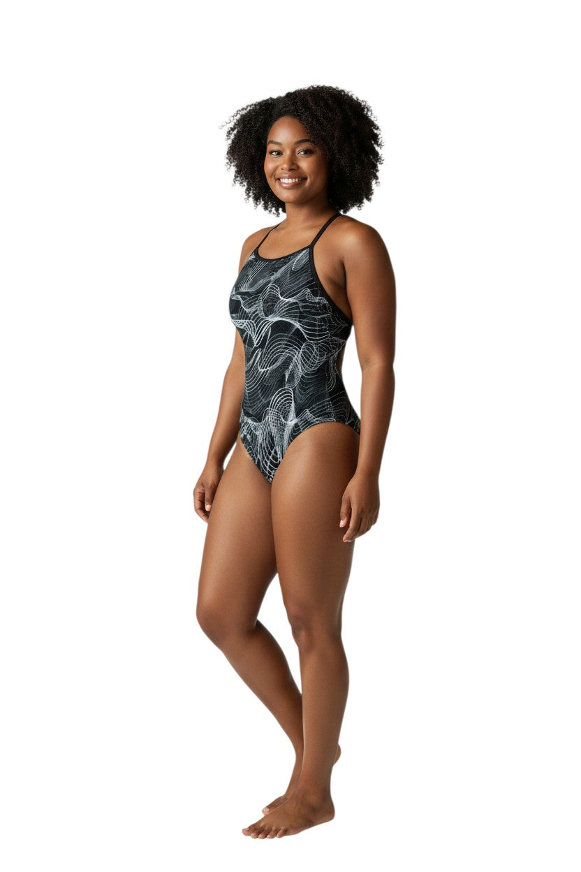 RISE Sandies Female Helix Poly Swimsuit in black, shown on model