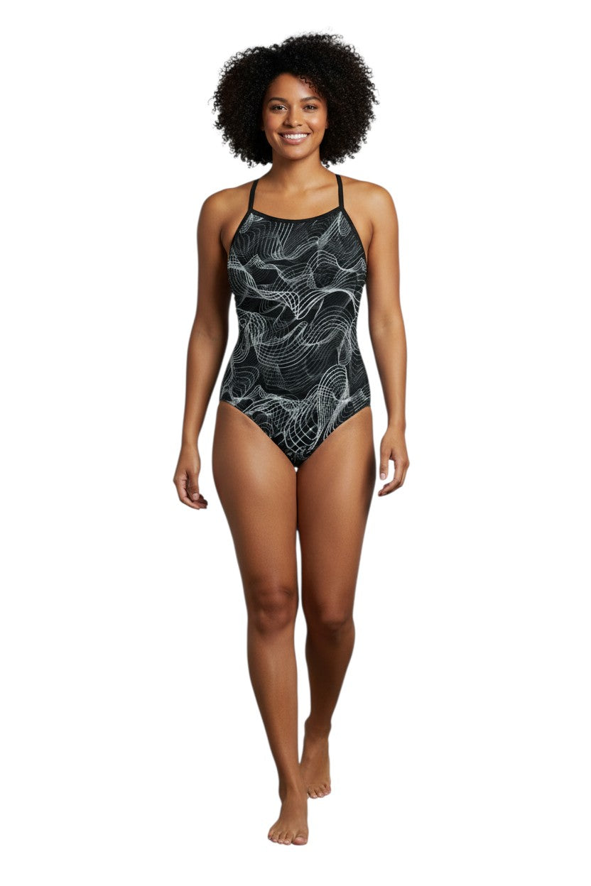 RISE Sandies Female Helix Poly Swimsuit in black, shown on model