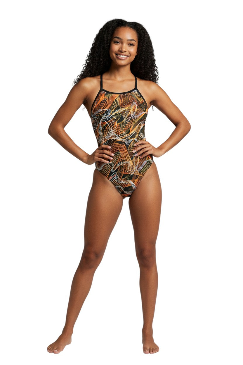 RISE Sandies Female Helix Poly Swimsuit in black, shown on model
