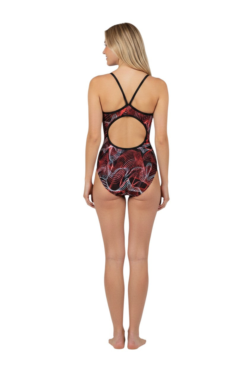 RISE Sandies Female Helix Poly Swimsuit in black, shown on model