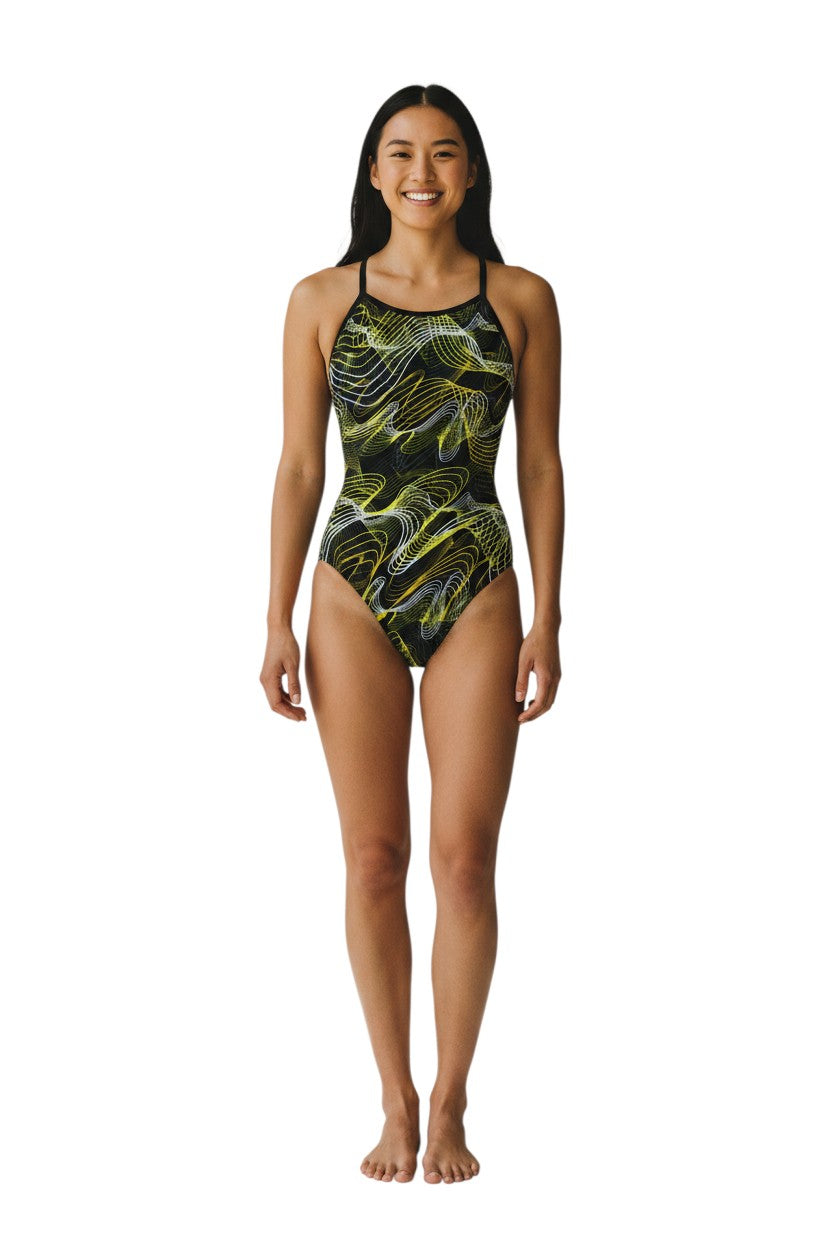 RISE Sandies Female Helix Poly Swimsuit shown on model