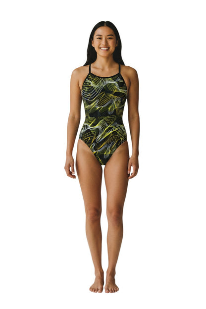 RISE Sandies Female Helix Poly Swimsuit shown on model