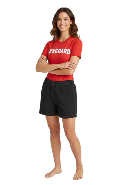 RISE Solid Flex Waterpark Board Short in black, shown on model