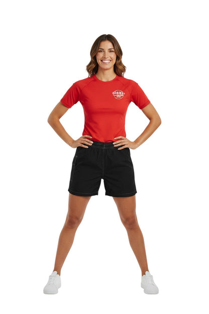 RISE Solid Flex Waterpark Board Short in black, shown on model