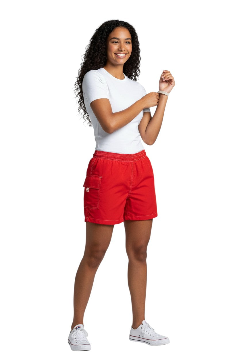 RISE Solid Flex Waterpark Board Short in red, shown on model