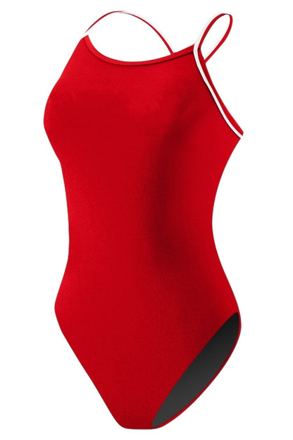 Kiefer RISE Solid H-Back Reversible One Piece Swimwear in red, made of polyester and spandex with white trim.