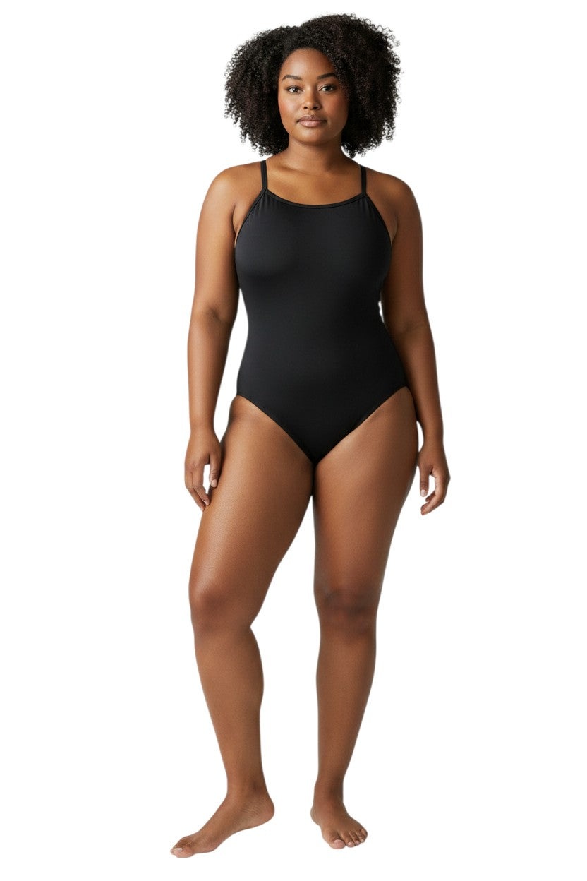Kiefer RISE Solid Poly H-Back black swimsuit with H-back straps, made of 91% polyester and 9% spandex.