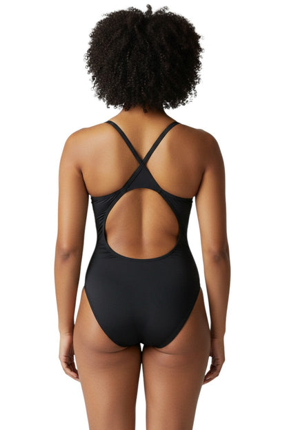 Kiefer RISE Solid Poly H-Back black swimsuit with H-back straps and large cutout. Made of 91% Polyester/9% Spandex.