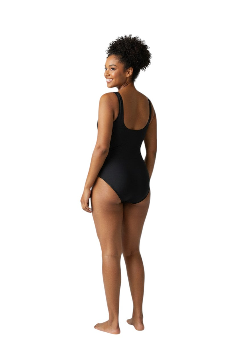 RISE Solid Poly Scoop Back one-piece swimsuit in black. Made of 91% Polyester/9% Spandex with UPF 50+ sun protection.