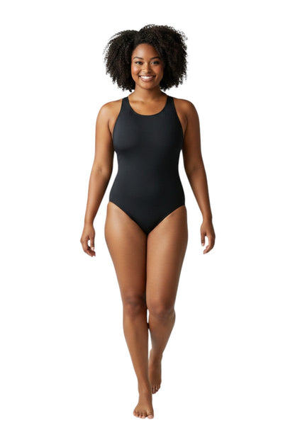 RISE Solid Poly Scoop Back one-piece swimsuit in black. Polyester/Spandex blend with UPF 50+ sun protection.