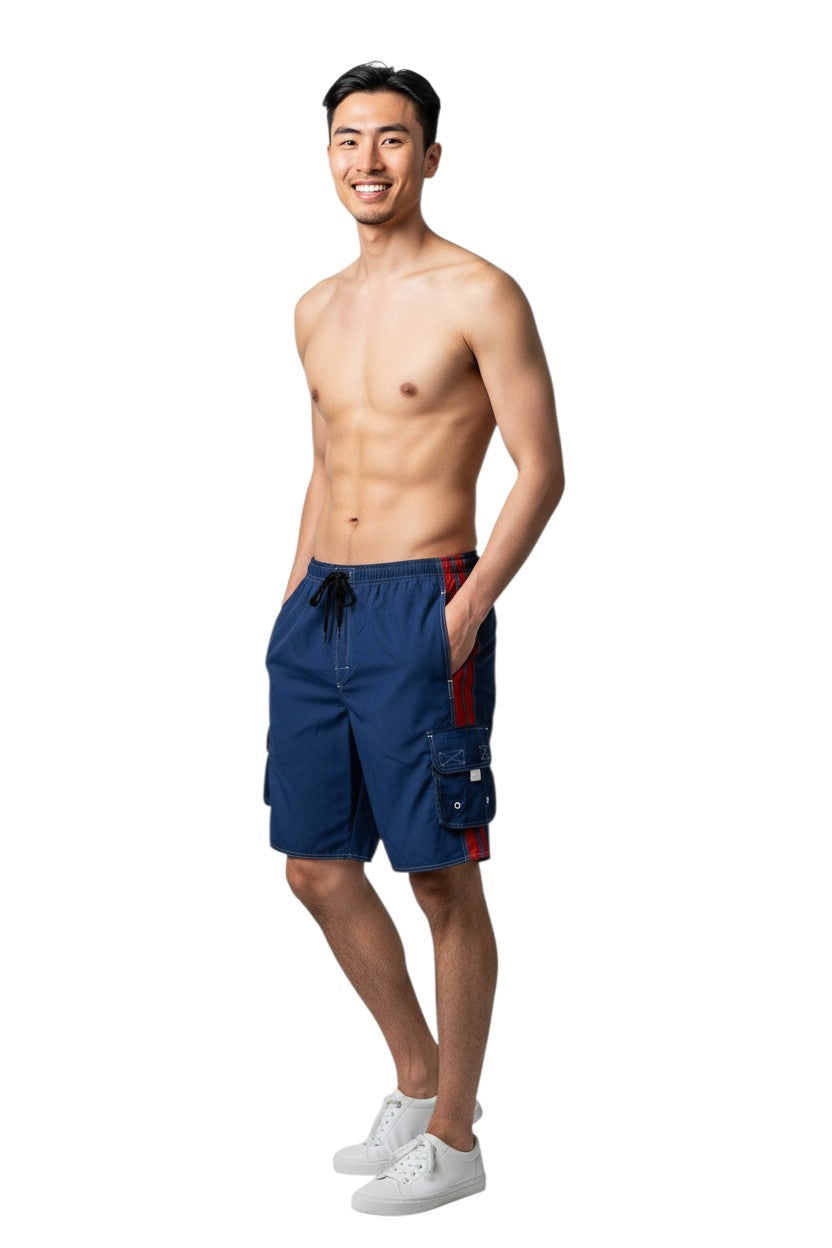 RISE Solid Splice Board Short in blue with red side stripes, elastic waistband, drawstring, and cargo pocket.