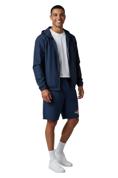 Kiefer RISE Solid Waterproof Jacket in navy blue, made of polyurethane with a full zip and adjustable hood.