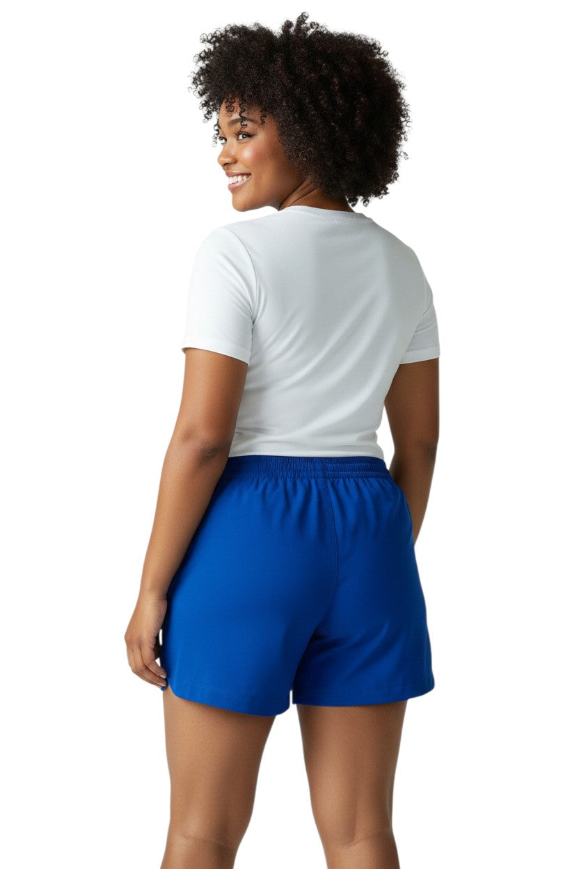 Royal blue polyester comfy shorts with elastic waistband, drawstring, and pockets. UPF30+.