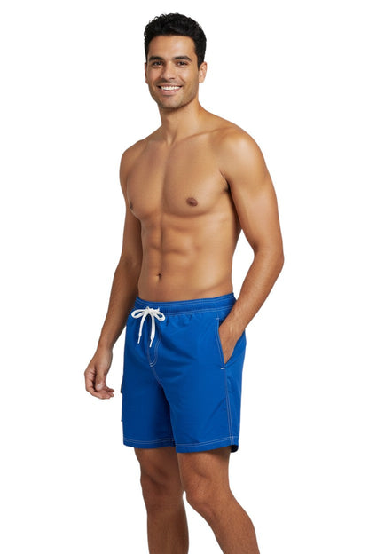 Solid Male Flex Short in royal blue polyester with white contrast stitching, drawstring waist, and side pocket.