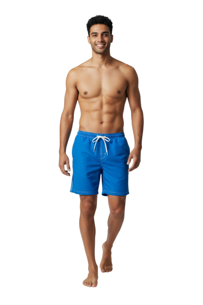 Solid Male Flex Short in royal blue polyester with white contrast stitching, drawstring waist, and side pocket.