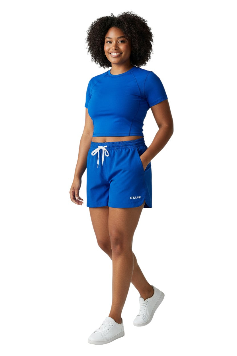 RISE Staff Female Roll Short in royal blue, shown on model