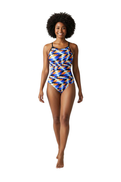 RISE Sandies Female Swerve Poly Swimsuit shown on model