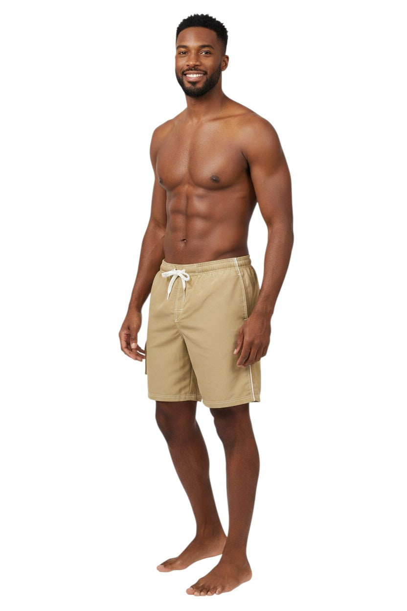 Tan boardshorts with white drawstring, contrast stitching, and side pocket. Polyester/spandex blend.
