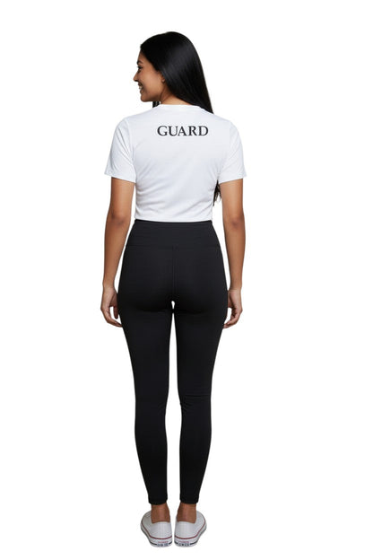 RISE Guard Short Sleeve Crew Neck Rashguard in white, shown on model