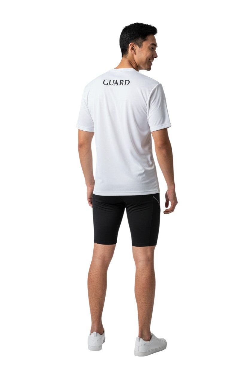 RISE Guard Short Sleeve Crew Neck Rashguard in white, shown on model